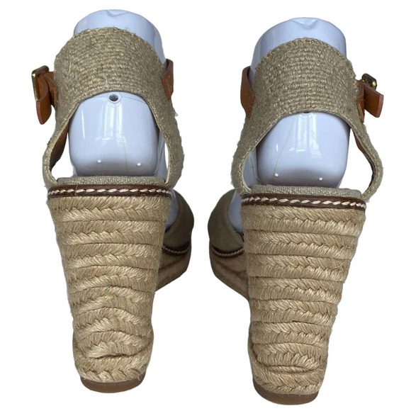 Tory Burch Macy Metallic Linen Peep Toe Knotted Band Espadrille Wedge Heel sz 10 - Picture 5 of 14